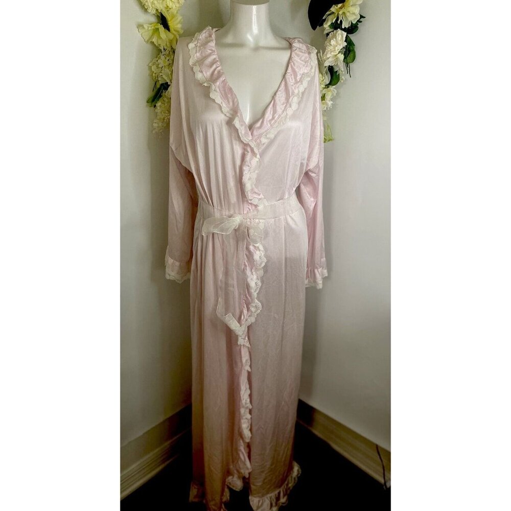 VTG 1970's Olga White Lace Soft Pink Peignoir V Neck Nylon Long Robe Pocket EUC